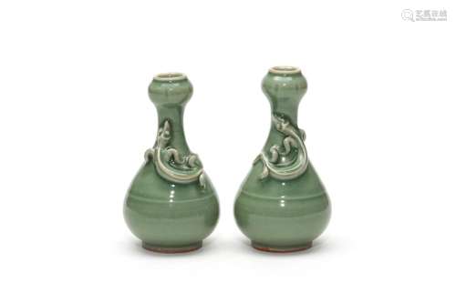 A Pair of Longquan Celadon Dragon Garlic Formed Vase