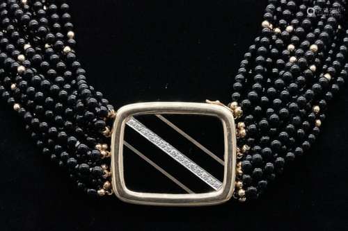 Estate 0.50ctw Diamond, 14K & 4mm Onyx Bead Necklace