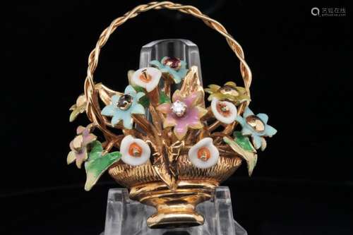 Italian 18K Yellow Gold and Enamel Bouquet Brooch