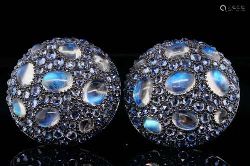 16.50ctw Moonstone & Blue Sapphire 18K Ear Clips