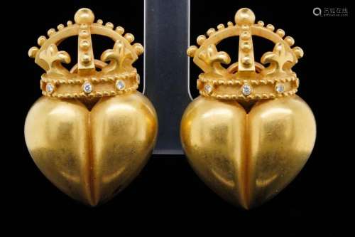 Kieselstein-Cord 18K Crown Heart Ear Clips W/Diamonds