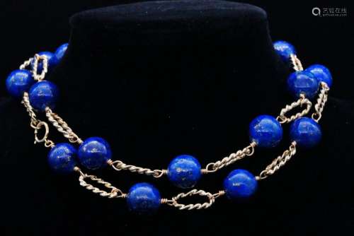 1970s 11.5mm-12mm Lapis and 14K Yellow Gold Necklace