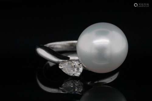 12.5mm Pearl, 0.30ct Diamond and Platinum Ring