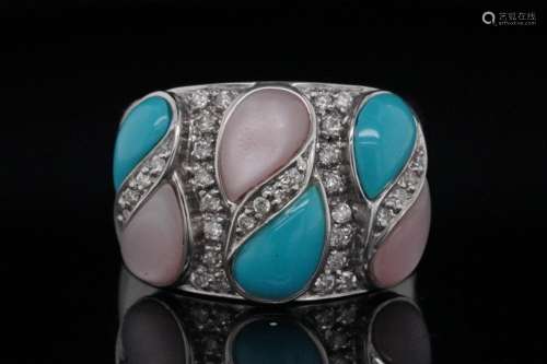 7mm-8mm Turquoise, Mother of Pearl, Diamond 18k Ring