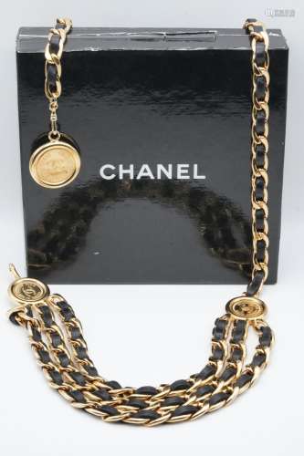 Chanel Black Leather and Gold Tone Chain Belt W/Box
