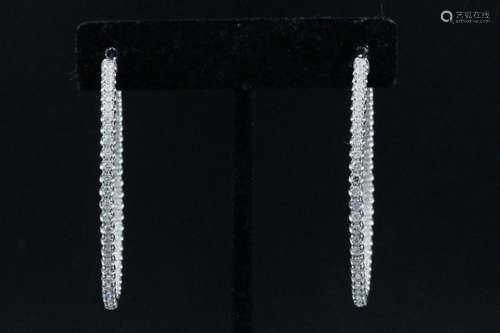 3.20ctw Diamond and 14K White Gold 2" Hoop Earrings