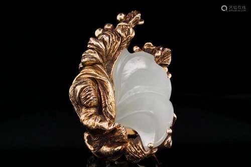 26mm Carved White Jade & 14K Yellow Gold Ring