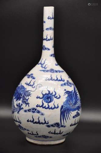 Vietnamese Bleu de Hue Vase W/Fenghuang & Dragon