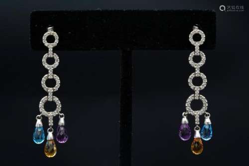 2.50ctw Multi-Gemstone, 1.00ctw Diamond 14K Earrings