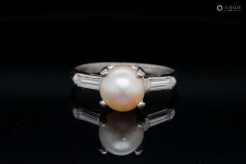 7mm Pearl and Solid Platinum Ring W/Diamond Accents