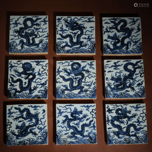 Qing Dynasty dragon pattern blue and white adornment brick