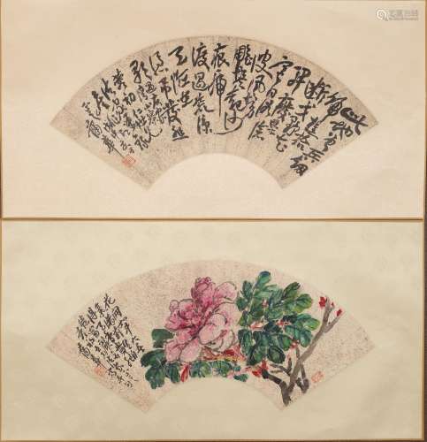 蒲华花卉书法扇面2件纸本镜片