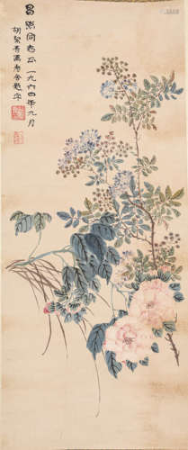 胡洁青画、老舍题花卉（lot070-091为同一藏家藏）纸本立轴