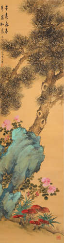 黄君璧花卉松树绢本立轴
