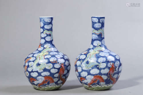 Pair of Famille Rose Dragon and Cloud Bottle Vases