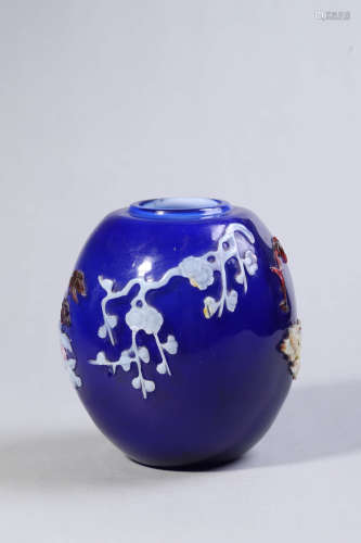 Tricolor Overlay Blue Glass Floral Jar