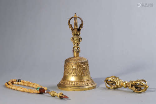 Set of Gilt Bronze Buddhist Vajra and Bell and Hand String