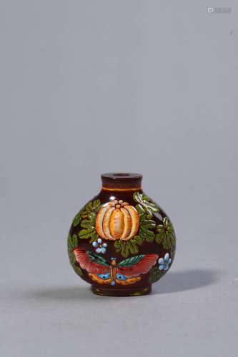 Painted Glass Melon and Butterfly Snuff Bottle