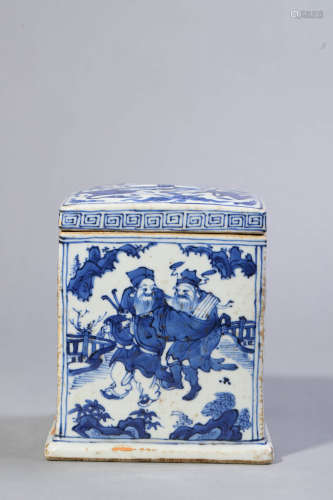 Blue and White Figure Square Box and Cover