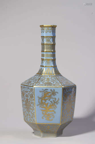 Gilt Decorated Sky-Blue Glaze Octagonal Vase