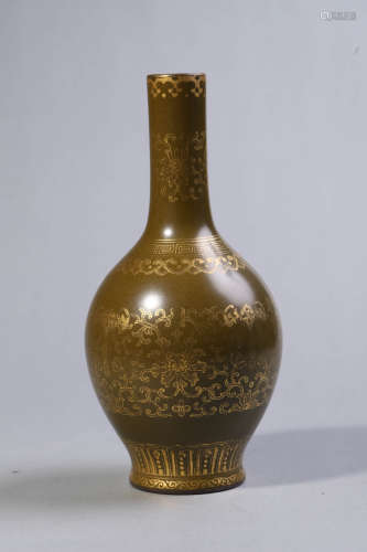 Gilt Decorated and Aubergine Glaze Lotus Bottle Vase