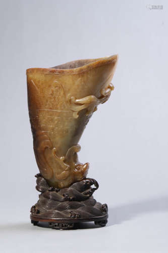 Carved Brownish Jade Chilong Cup