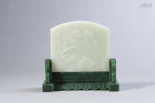 Carved White Jade Table Screen and Jasper Jade Stand