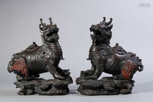 Pair of Bronze Kylin-Form Censers