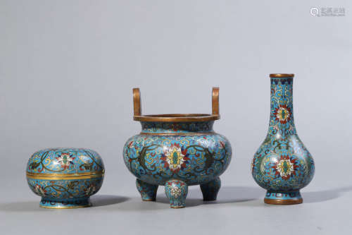 Set of Three Cloisonne Enamel Incense Burner, Vase and Box