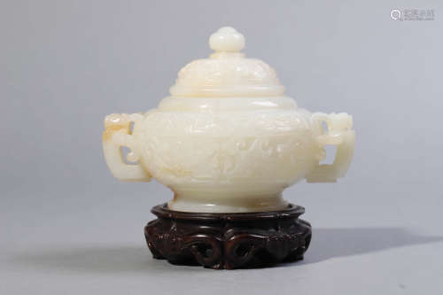 Carved White Jade Chilong Censer and Cover