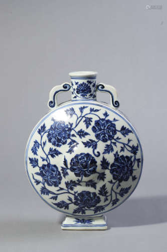 Blue and White Peony Moon Flask