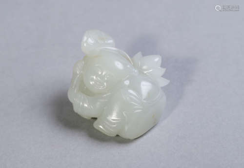 Carved White Jade Lotus and Boy Ornament