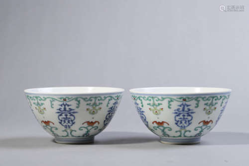 Pair of Doucai Glaze Longevity Bowls