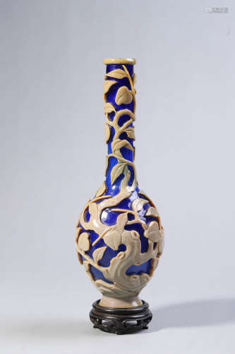 White Overlay Blue Glass Floral Bottle Vase