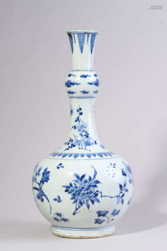 Blue and White Floral Bottle Vase