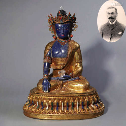 Turquoise Inlaid and Gilt Bronze Figure of Shakyamuni