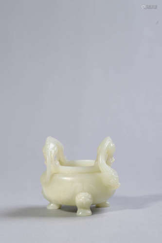 Carved White Jade Tripod Censer