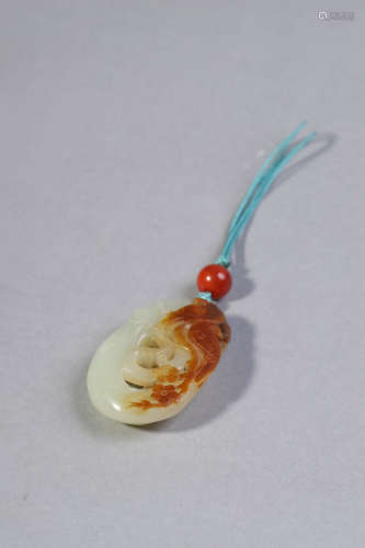 Carved White and Russet Jade Flower and Bird Pendant