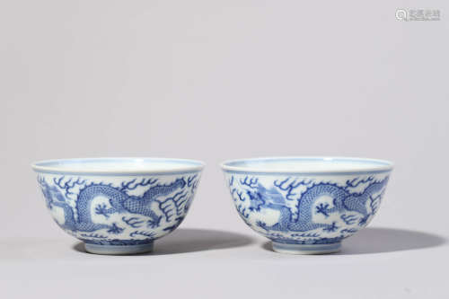Pair of Blue and White Dragon Bowls