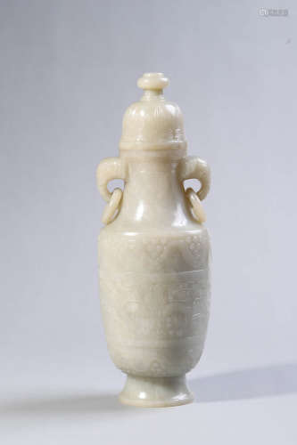 Carved White Jade Double-Eared Vase