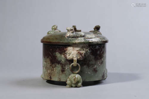 Carved Jade Archaic Style Censer and Cover