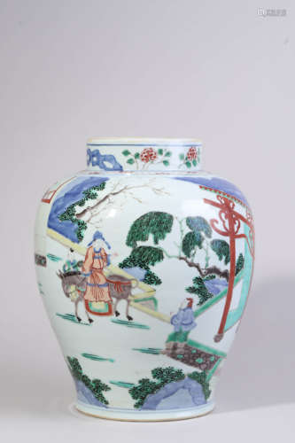 Wucai Glaze and Underglaze Blue Figure Jar