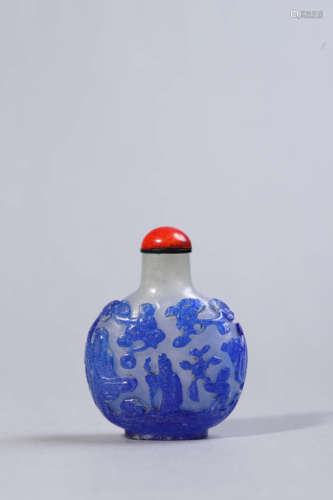 Blue Overlay White Glass Figures Snuff Bottle