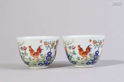 Pair of Famille Rose Rooster Cups
