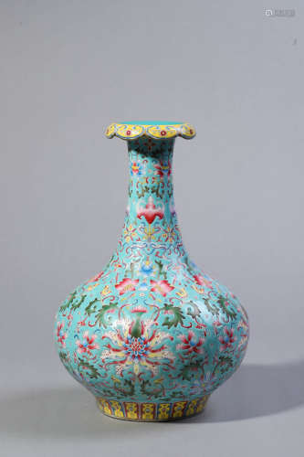 Turquoise Glaze Famille Rose Dish-Top Vase