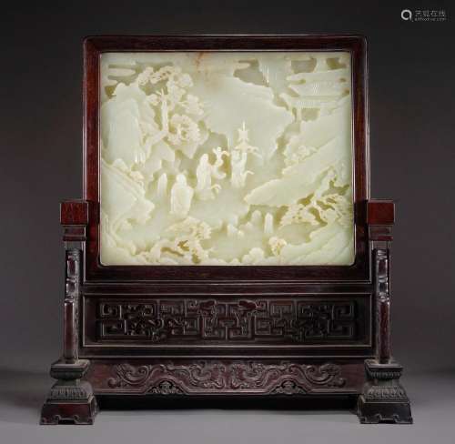 Chinese Nephrite White Jade Scholars Strolling in Mountain P...