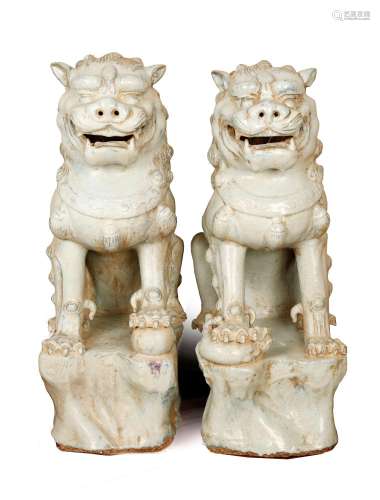 (2) A PAIR OF LARGE JUNYAO CELADON SKY- CYAN GLAZE LION STAT...