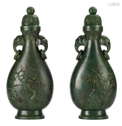 Pair of Chinese Green Jade Poem Inscribed Flowers Vases