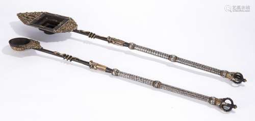 Pair of Large Tibetan Silver & Gold Inlaid RItual Object...