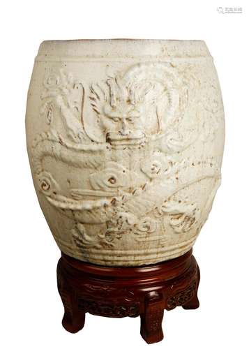 A MING DYNASTY STYLE JUNYAO CELADON WHITE GLAZE JAR CARVED W...